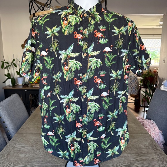 Denim & Flower Other - Denim & Flower Flamingo Palm Tree Tropical Button Down Shirt Black XL Slim Fit
